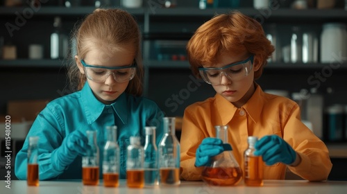 Two young students wearing safety goggles and gloves conducting science experiments at home using chemistry kits test tubes beakers and other lab equipment