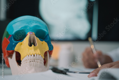 The doctor at the clinic used a detailed model of the human skull to teach anatomy, highlighting the importance of bone health in medicine and advancing medical science.