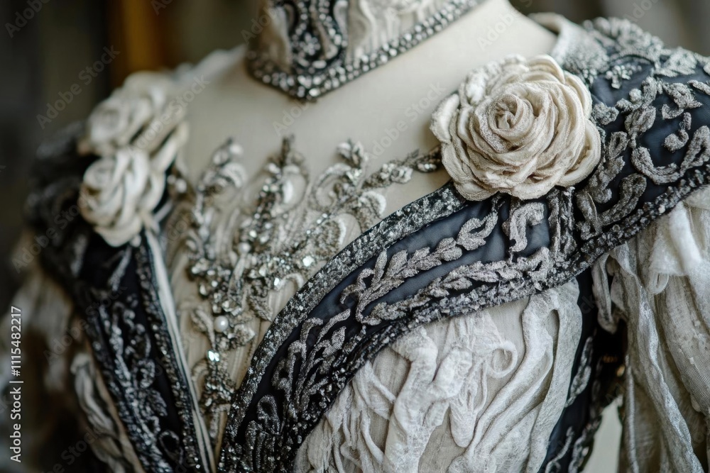 Obraz premium Elegant dress adorned with intricate embroidery and decorative flowers.