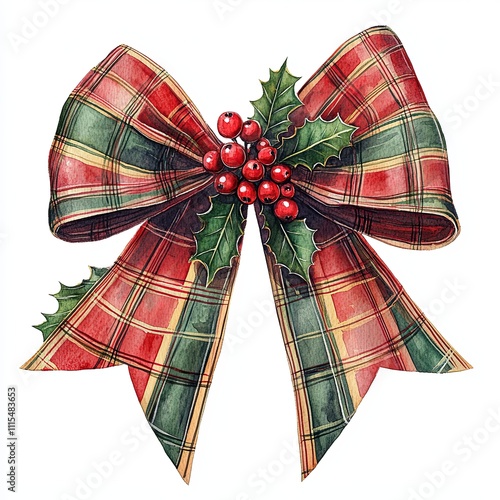 Christmas Bow with Holly and Berries, Festive plaid bow adorned with green holly leaves and red berries, symbolizing holiday cheer and traditional Christmas decor.

