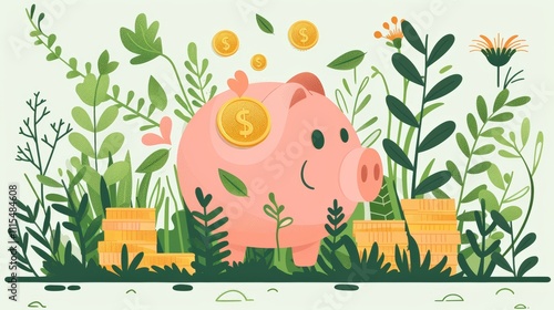 Financial Wellness Month. Minimalist vector illustration of a piggy bank surrounded by gold coins and lush greenery, symbolizing saving and financial growth.