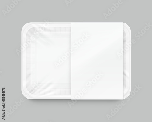 Clear tray container with label mockup. Vector illustration isolated on grey background. Layered template file easy to use for your promo product: meat of animals, chicken, fish. EPS10.	
