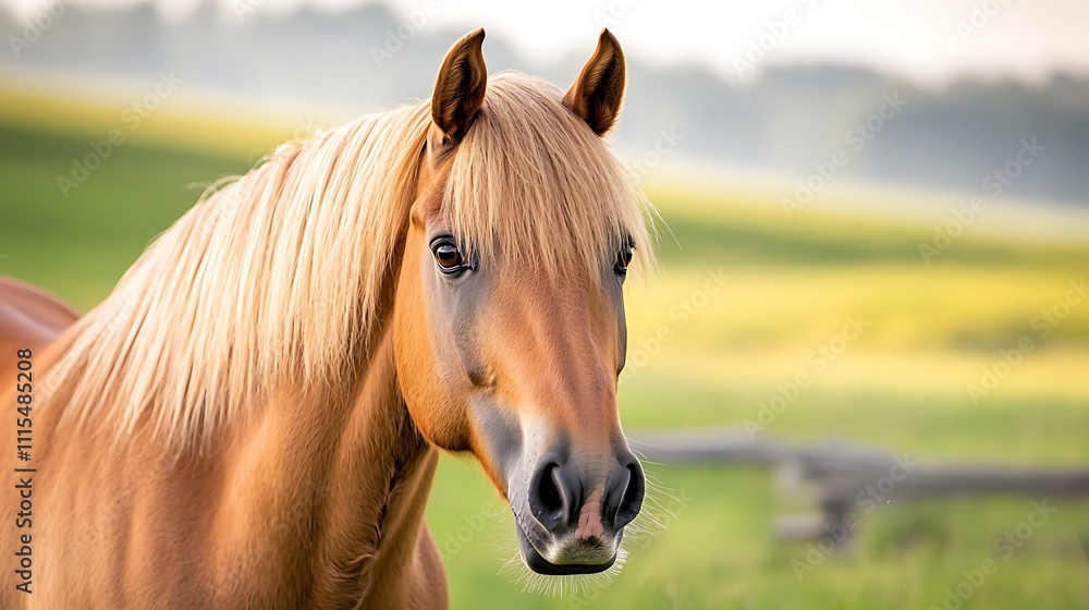 Obraz premium The majestic horse stands proudly in a lush green pasture, its glossy coat gleaming in the sunlight as it grazes peacefully among the rolling hills of the farm.