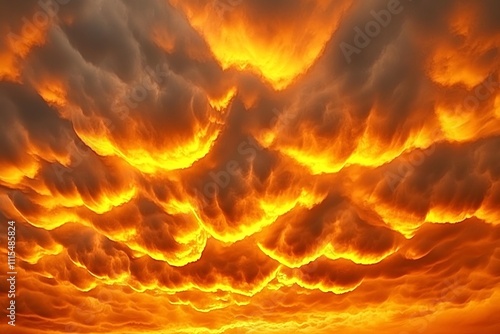 Dramatic Skies with Fiery Sunset Illuminating Mammatus Clouds photo