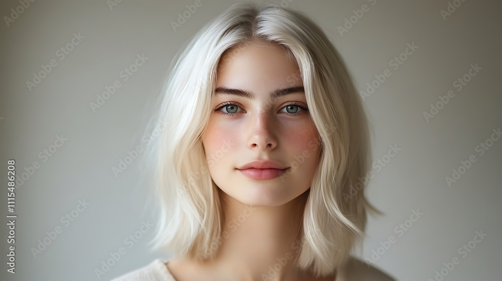 Portrait of woman with platinum blonde hair gazes directly at the camera