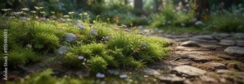 Wallpaper Mural A small patch of moss and wildflowers in a neglected garden, overgrown garden, neglect Torontodigital.ca