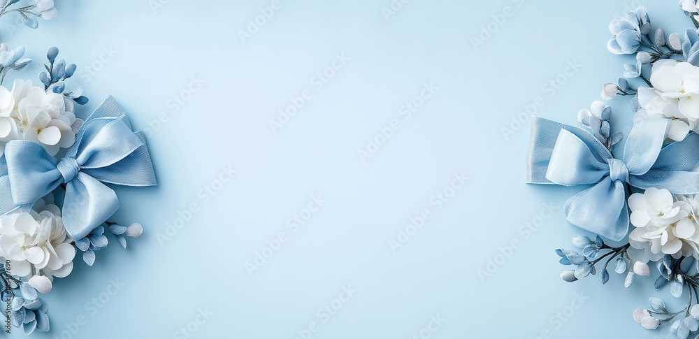 Light blue background with white flowers and blue bows, flat lay top view concept with ample copy space, perfect for spring and summer business posters and minimalist luxury designs. Light blue background with white flowers and blue bows, flat lay top view concept with ample copy space, perfect for spring and summer business posters and minimalist luxury designs.