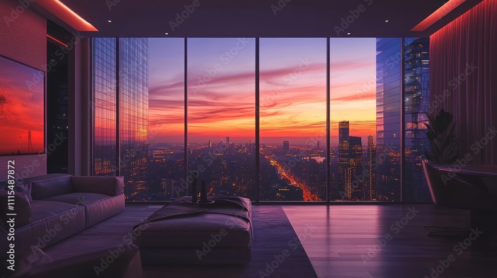 Fototapeta premium Luxury apartment with stunning sunset city view.