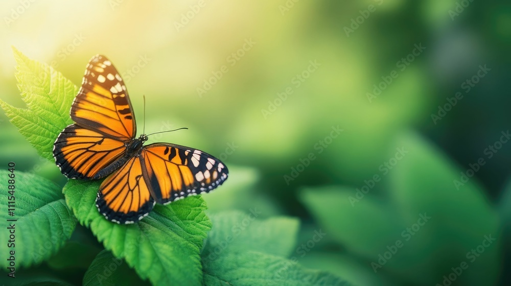 Obraz premium A vibrant butterfly rests delicately on the lush green leaves showcasing the beauty and importance of biodiversity