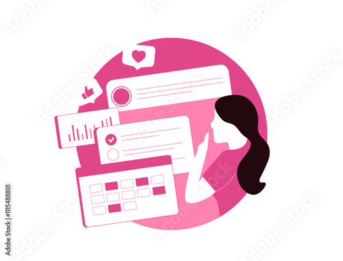 Social media plan concept. SMM scheduling tools, creating social media content, automatic posting, influencer marketing and analytics. Vector illustration with social media icons on white background