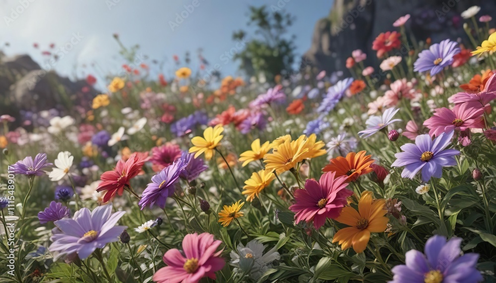 Obraz premium colorful flowers swaying gently in the breeze, flower fields, outdoor garden