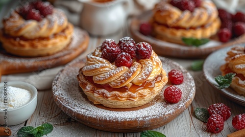 Wallpaper Mural Delicious raspberry pastries on wooden plates, garnished with powdered sugar and fresh mint. Torontodigital.ca