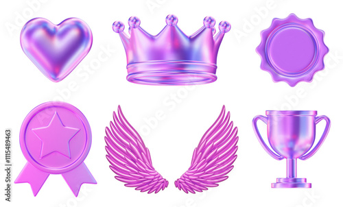 3d set of neon heart, crown, medal, coin with star, wings, trophy. Stock vector illustration on isolated background.