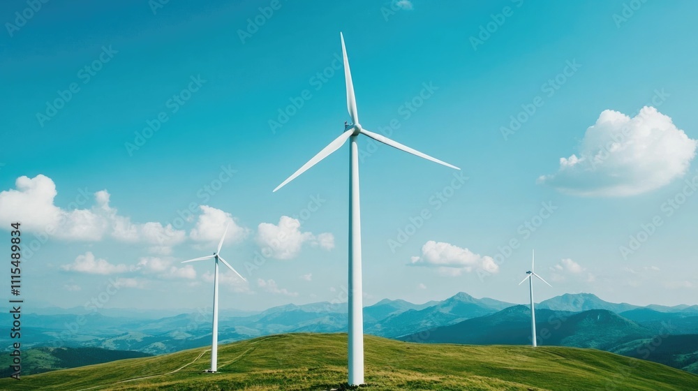 Fototapeta premium Scenic landscape with wind turbines generating clean renewable energy as part of sustainable low carbon living initiatives The wind turbines stand tall against the backdrop of rolling hills