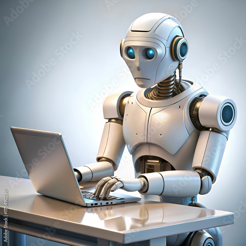 Futeristic concept of job loss due to the rise of A.I artificial inteligence in the workplace. Cyborg / robotic secretary working on a computer in an office envoiroment