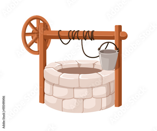 Stone well with bucket on rope for drawing water. Old traditional retro construction, country structure. Rural countryside garden equipment. Flat vector illustration isolated on white background