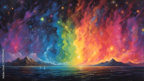 A vibrant rainbow of lights illuminating the night sky, each color representing a different emotion or memory.