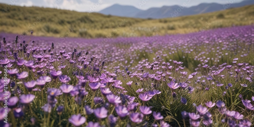 Obraz premium Field of purple flowers swaying in the breeze, wildflower field, wind, landscape
