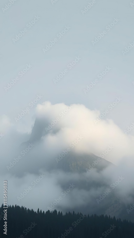 Fototapeta premium Fog rolls in over a granite peak on a grey morning, grey, in, roll