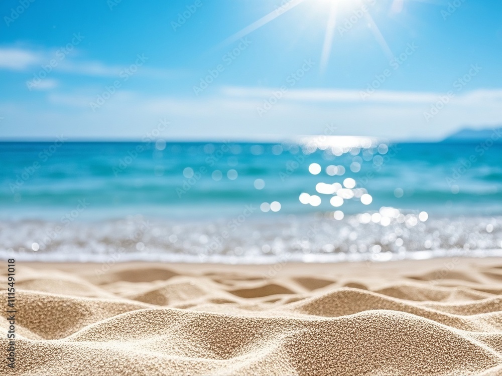 Natural blurred defocused background for concept summer vacation. Nature of tropical summer beach with rays of sunlight. Light sand beach, ocean water sparkles against blue sky.