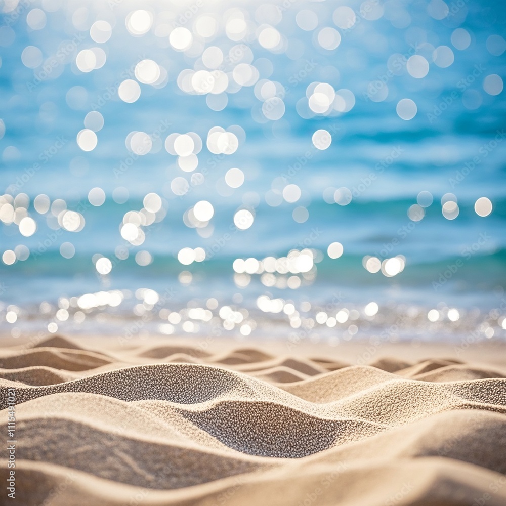 Natural blurred defocused background for concept summer vacation. Nature of tropical summer beach with rays of sunlight. Light sand beach, ocean water sparkles against blue sky.