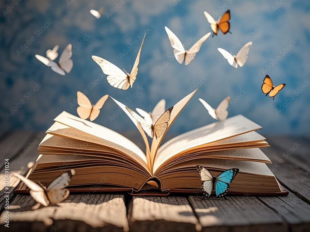 Open pages old magic book on a wooden table close-up macro and departing from the pages of paper butterflies on a blue background. Romantic dreamy artistic image of a fairytale.