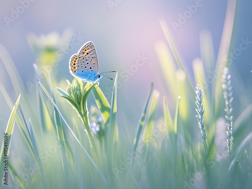 Obraz na płótnie Gentle natural background in pastel colors with a soft focus of blue shades. Wild meadow grass and butterfly in spring in nature macro. Beautiful summer meadow.. w salonie