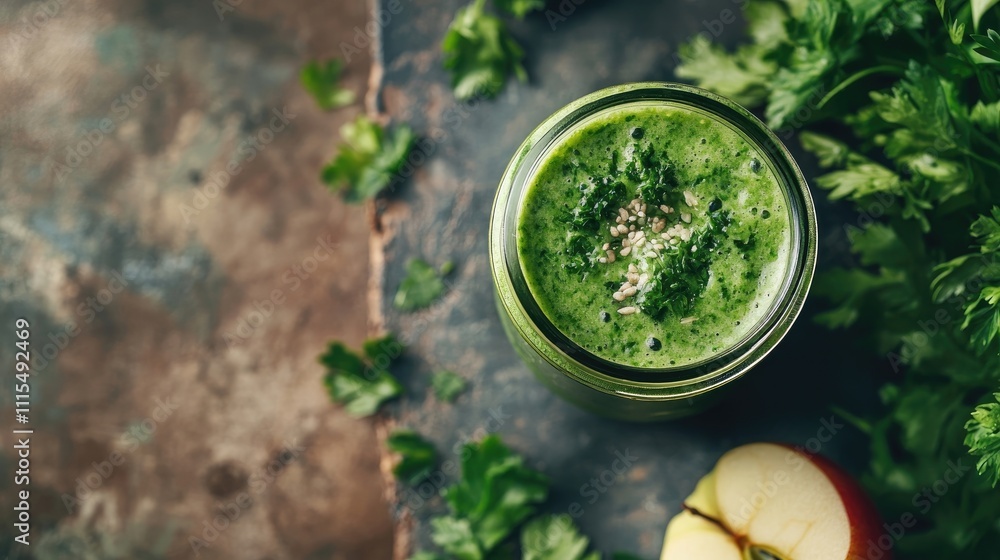 Homemade green smoothie made with parsley and apple offers a refreshing taste. This healthy food concept emphasizes vibrant colors and textures, ideal for nutrition-focused imagery with copy space. Homemade green smoothie made with parsley and apple offers a refreshing taste. This healthy food concept emphasizes vibrant colors and textures, ideal for nutrition-focused imagery with copy space.