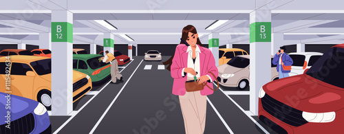 Underground parking for cars with columns. Garage for lots of automobiles, transport in basement of shopping mall. Business woman goes from auto park, put keys in bag. Flat vector illustration.