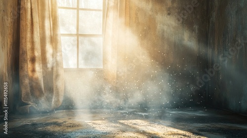 Dust, dirt, and bacteria particles drift in a sunbeam entering a closed room via curtains. This image illustrates the presence of bacteria and viruses on dusty surfaces. Copy space. photo