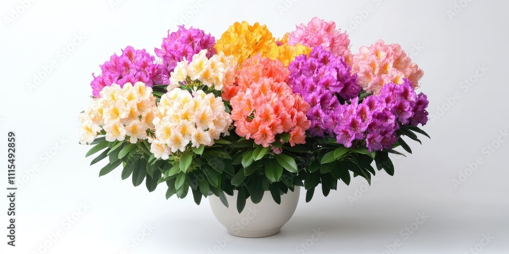 Obraz premium A lovely display of vibrant rhododendrons beautifully arranged in a pot, set against a clean white background, captures attention with their stunning colors and appearance.