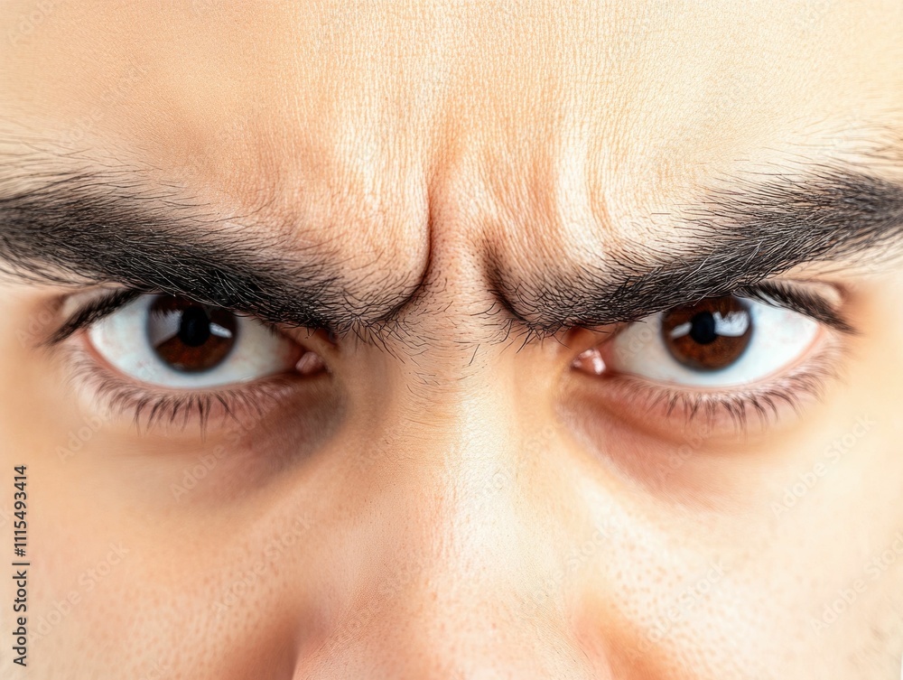 Obraz premium Dramatic high contrast close up portrait of an angry intense male face with furrowed brows clenched jaw and a fierce confrontational expression isolated on a clean white background with bold
