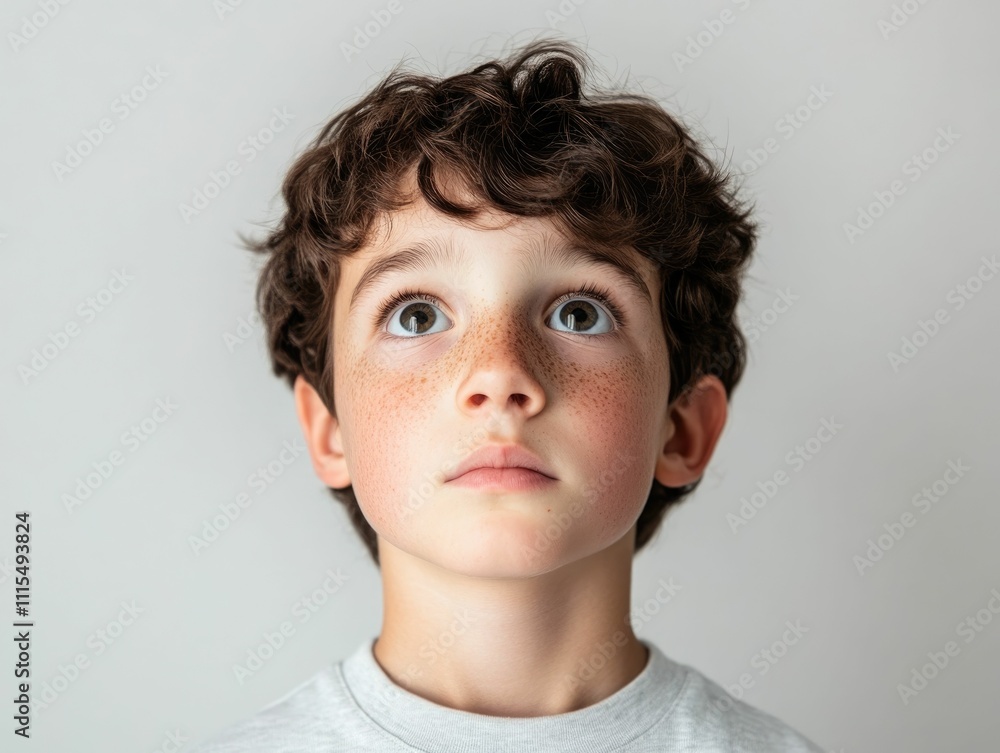 Captivating portrait of a young boy with wide expressive eyes filled with a sense of wonder and awe set against a soft Captivating portrait of a young boy with wide expressive eyes filled with a sense of wonder and awe set against a soft
