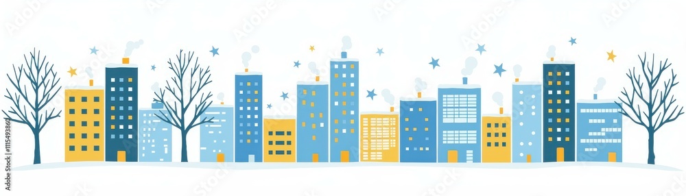 Wide banner in wintertime theme. City skyline illustration with colorful buildings and trees in a winter setting. Wide banner in wintertime theme. City skyline illustration with colorful buildings and trees in a winter setting.