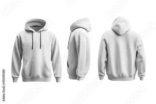 white hoodies are shown in a row, with the hoods up