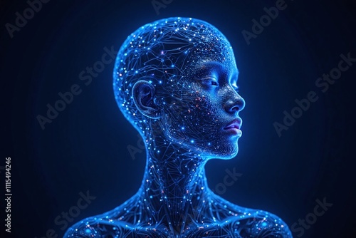 Futuristic abstract human head glowing lines nodes cybernetic