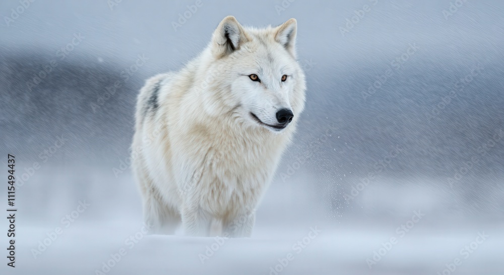 Fototapeta premium Majestic white wolf in winter landscape depicting natural beauty and wilderness