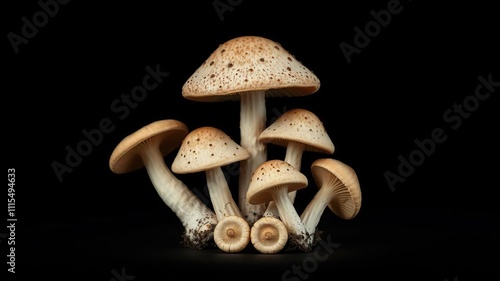 Three mycena mushroom caps arranged in a triangular pattern with varying sizes and shapes , triangular pattern, mushrooms photo