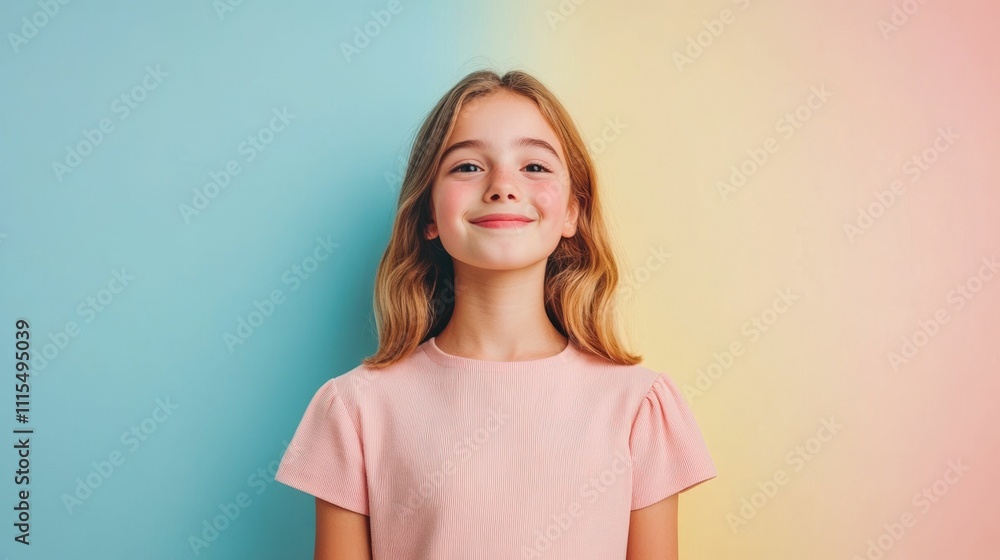 Obraz premium Radiant Young Woman Exuding Quiet Joy in Pastel Lighting Portrait of a female model with a soft joyful smile surrounded by pastel toned lighting on a plain background