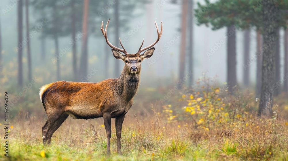 Obraz premium Majestic red deer stag in misty autumn forest.
