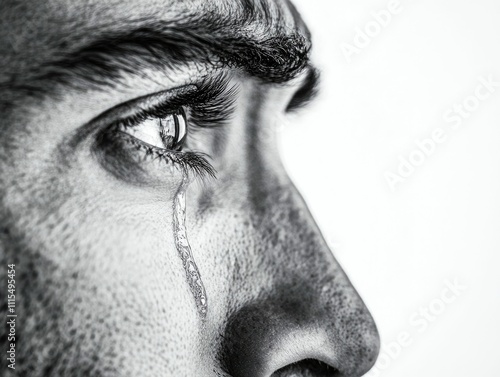 Powerful close up portrait capturing raw heartfelt emotion with tears of joy streaming down the subject s face against a glowing isolated white background  The intimate photo