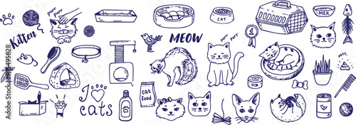 Pet Cat and Dog doodle hand drawn set elements.