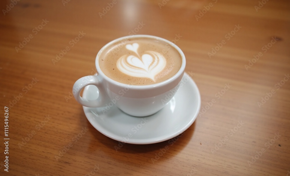 White ceramic cup latte heart pattern wooden table center