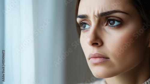 A contemplative and poignant portrait of a person deeply lost in thought gazing wistfully out a window with soft lighting and a minimalist white background photo