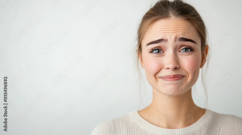 A portrait of a woman s face filled with a complex range of bittersweet emotions  She is smiling faintly but her expression also hints at the struggle to hold back tears