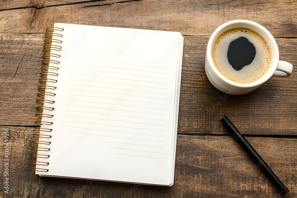 Top View Image of Open Notebook with Blank Pages and Coffee Cup Mockup Top View Image of Open Notebook with Blank Pages and Coffee Cup Mockup