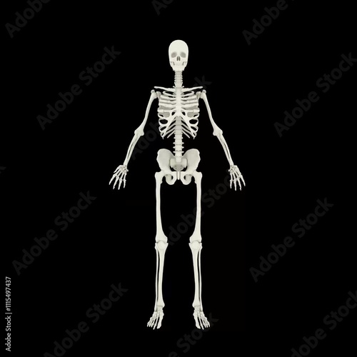 Anatomical Human Skeleton Illustration on Black Background Showing Bone Structure