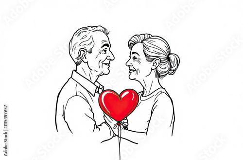 Portrait of happy elderly couple looking at each other. An illustration in art line style. Pencil sketch on white isolated background. Concept of long-term family happiness.