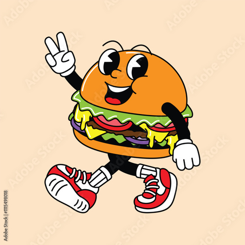 Burger retro mascot with hand and foot. Retro vintage mascot cartoon stickers with funny comic characters and gloved hands.
