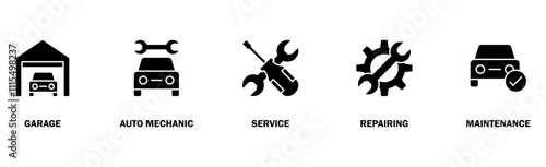 Car servicing banner web icon vector illustration concept with icon of garage, auto mechanic, service, repairing and maintenance